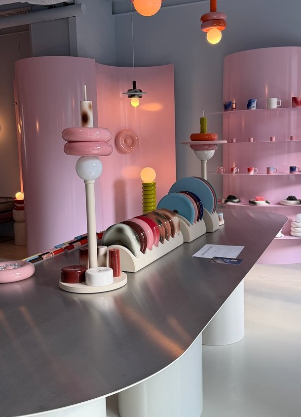A pastel pink concept store display