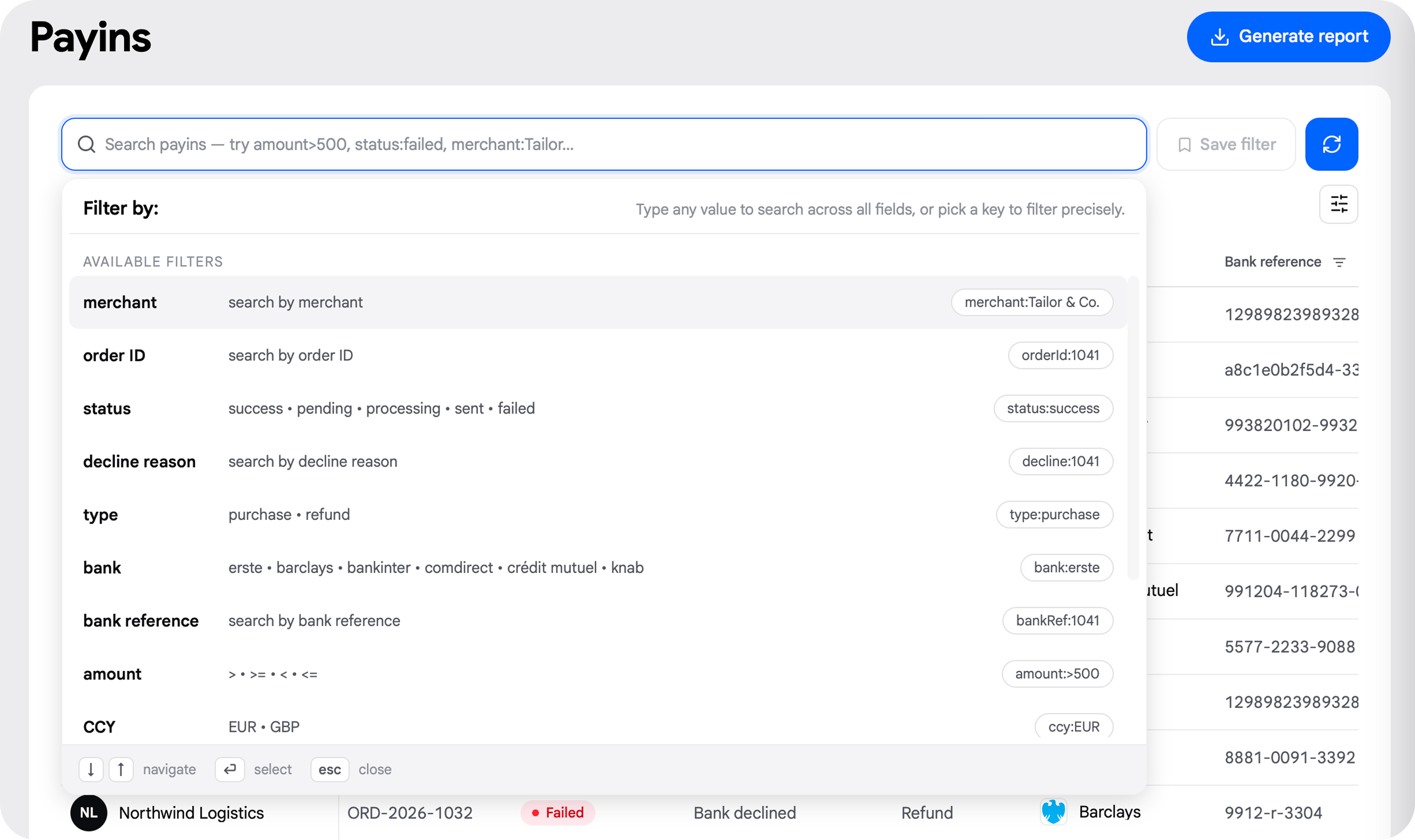 Back Office search bar suggesting available filter keys and syntax