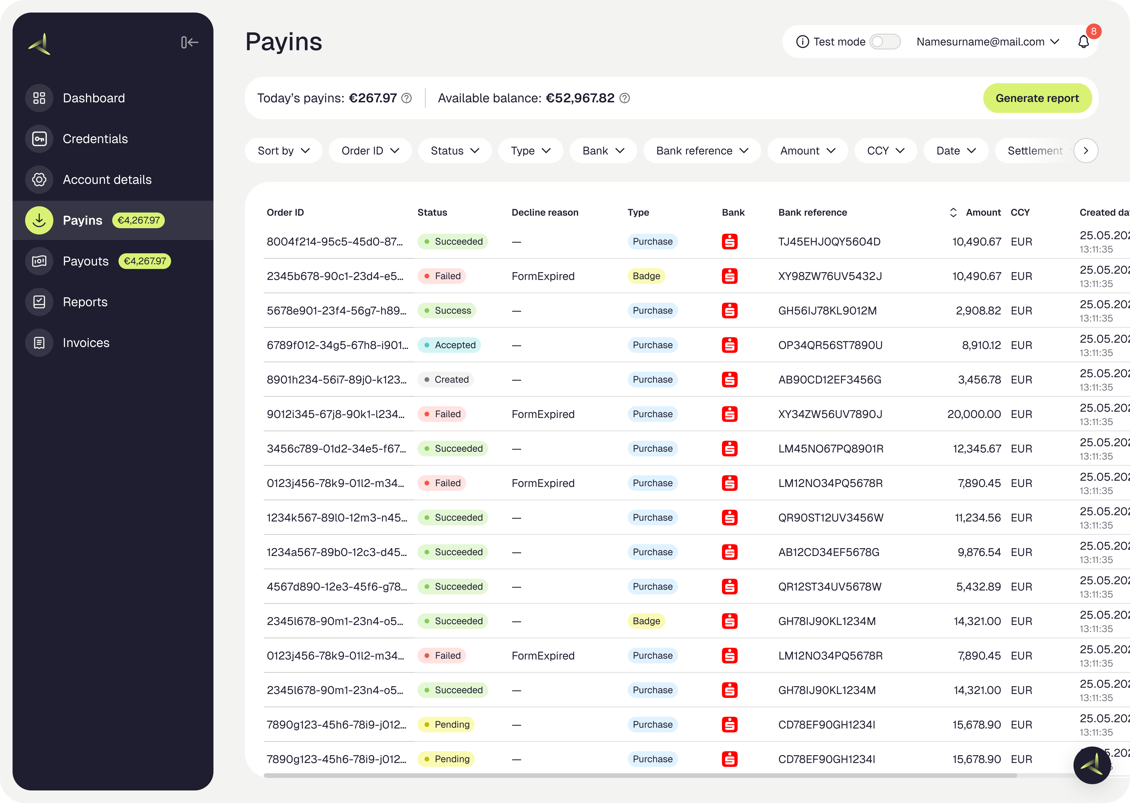 Merchant Portal after: filters and active filter chips live above the table