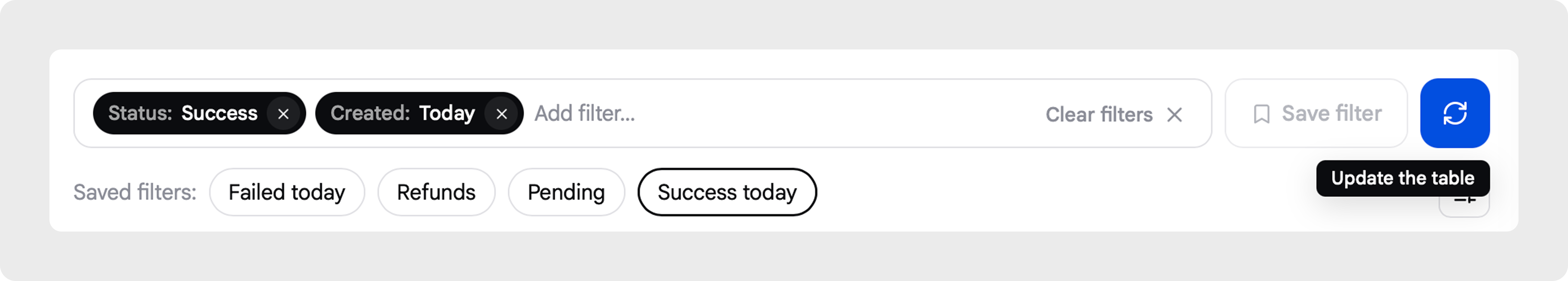 A dedicated refresh action next to the saved filters, labelled Update the table