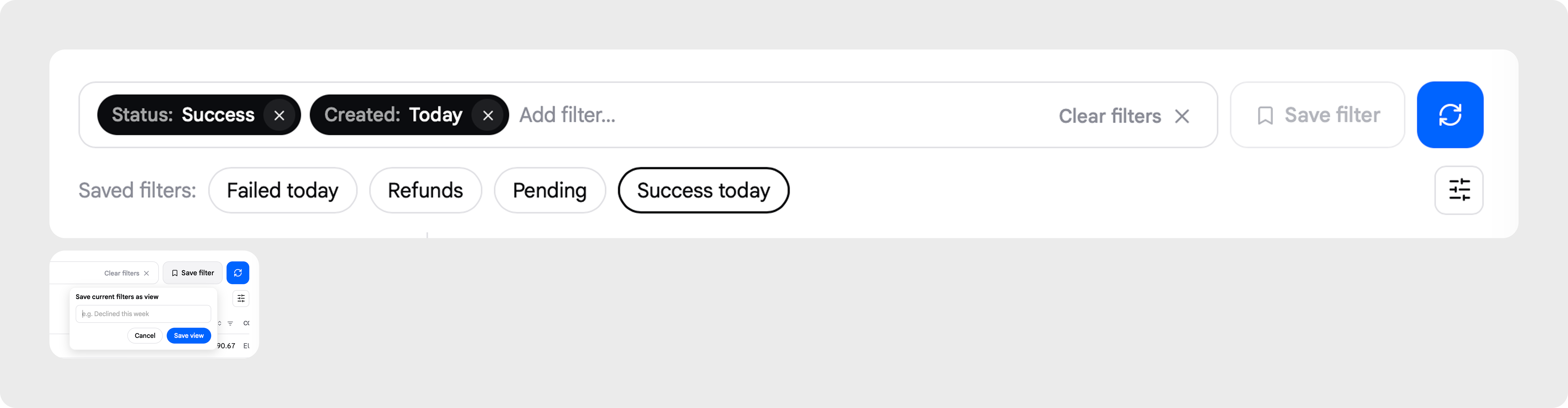 Saved filters as reusable chips above the table, with a Save filter dialog