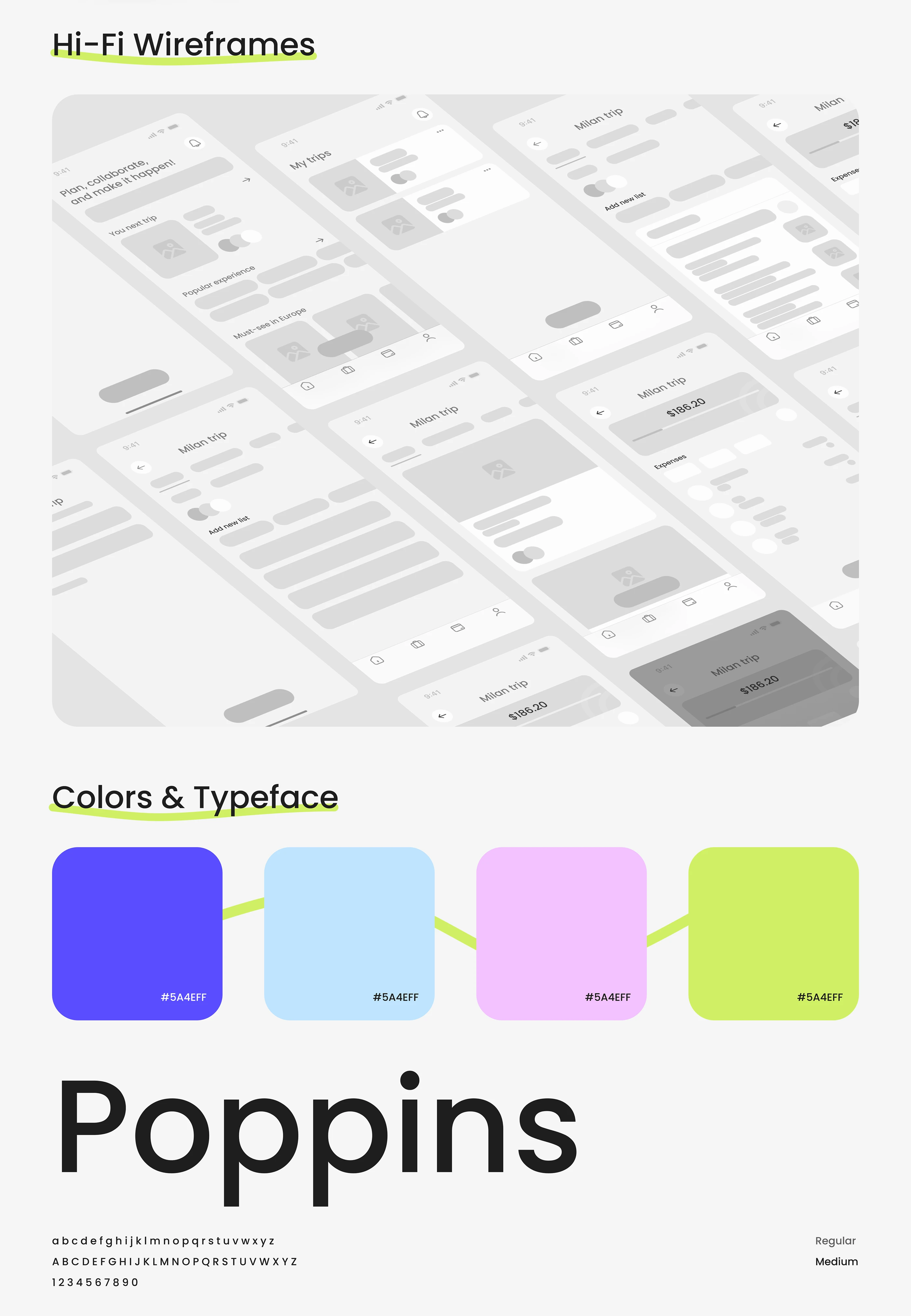 Hi-fi wireframes and the Tripmate color palette and Poppins typeface
